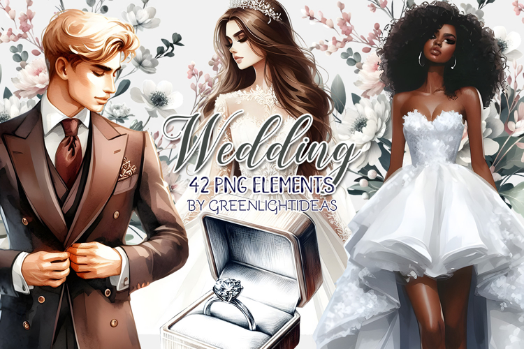 Watercolor Wedding Clipart, Romantic Bridal Couples PNG example image 1