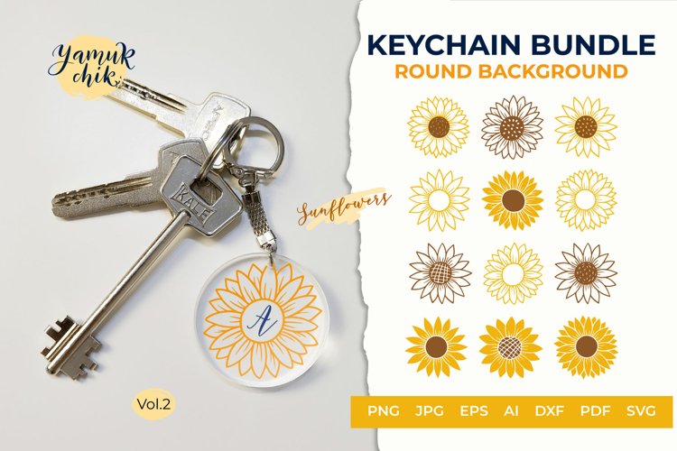 Keychain Sunflower SVG. Round Keychain SVG. Key Keychain PNG