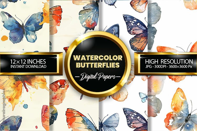 Watercolor Butterflies Digital Papers - 04 Variations