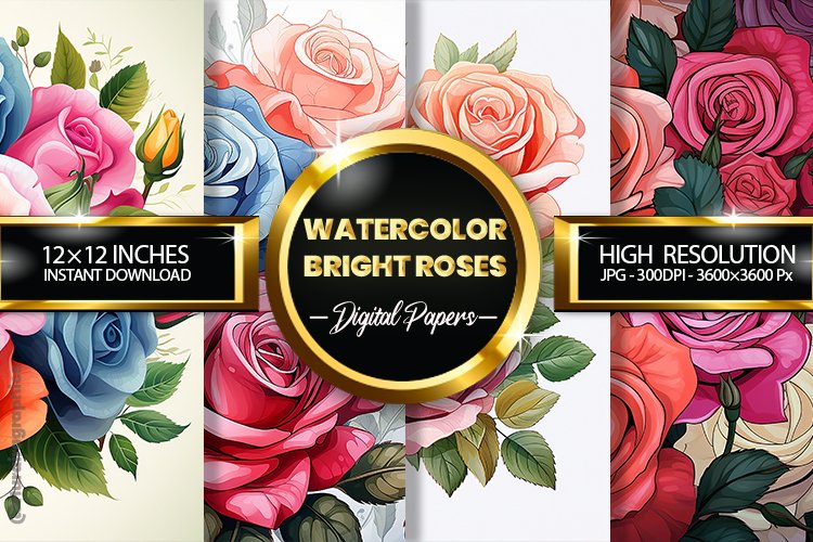 Watercolor Bright Roses Digital Papers - 04 Variations