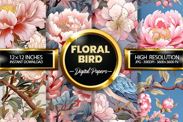 Floral Bird Digital Papers - 04 varitions