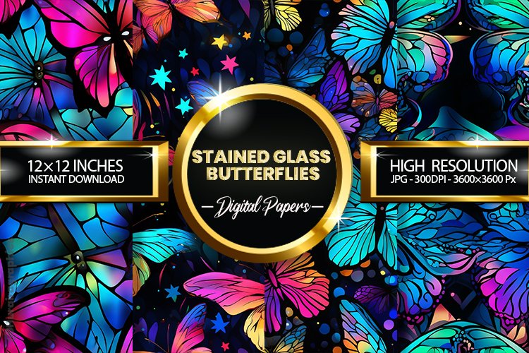 Stained Glass Butterflies Digital Papers - 04 Variations