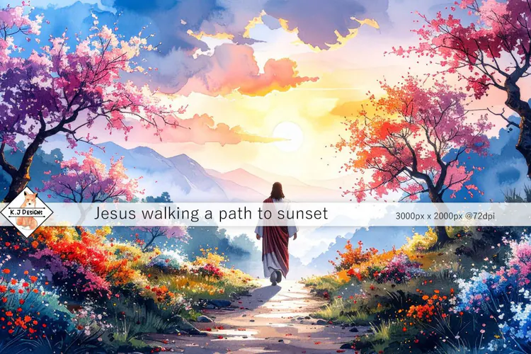 Jesus walking a path to sunset | background jpg