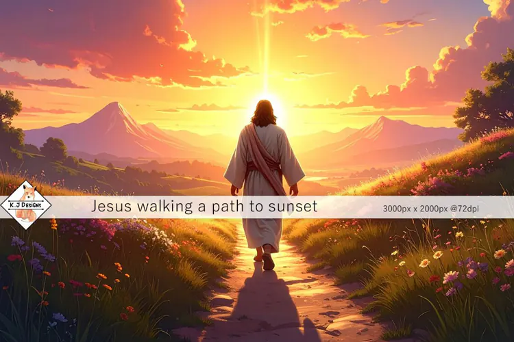 Jesus walking a path to sunset | background jpg