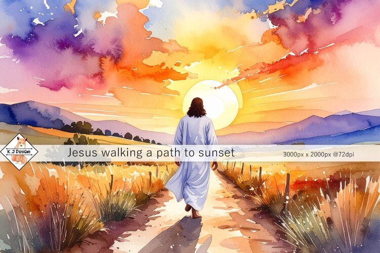 Jesus walking a path to sunset | background jpg example image 1
