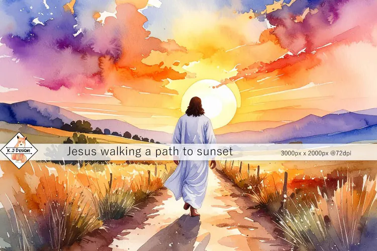 Jesus walking a path to sunset | background jpg