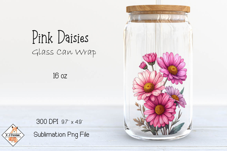 Pink Daisies Beer Glass Can Wrap Sublimation