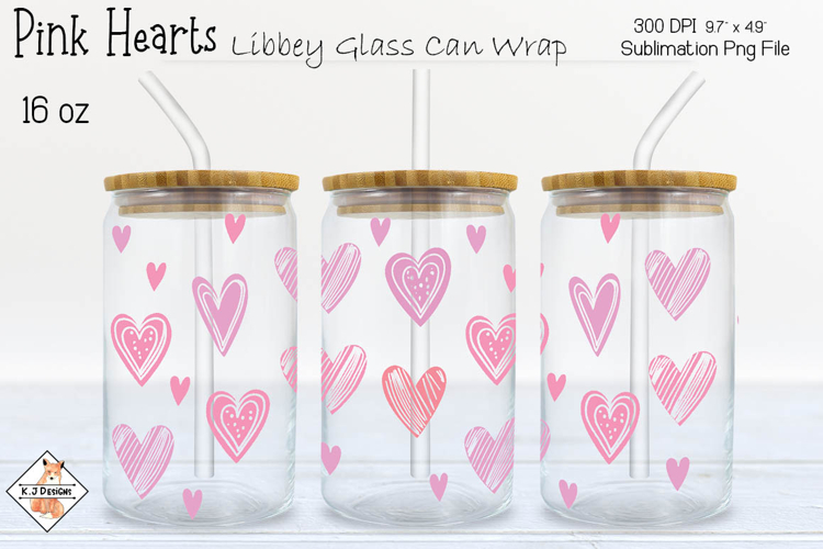 Libbey Pink Hearts Glass Can Wrap Sublimation Design