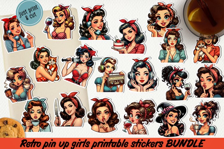 Retro Pin up girl printable stickers BUNDLE PNG. example image 1