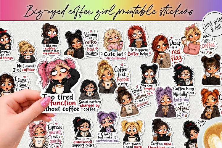 Funny Big-Eyed Coffee Girl Stickers BUNDLE PNG