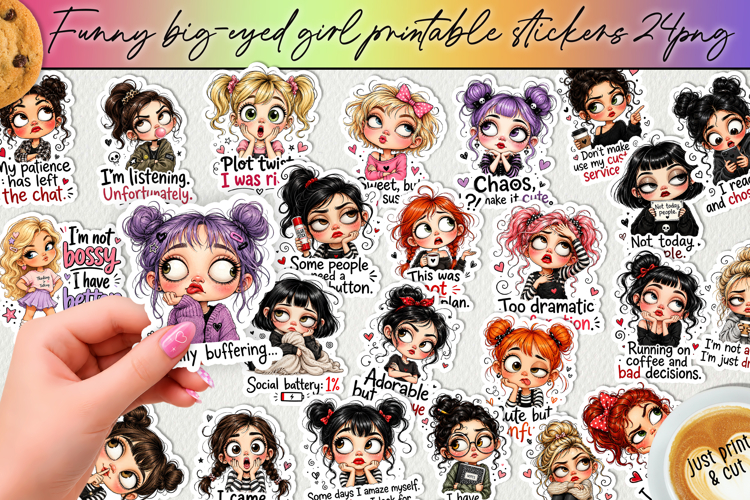 Funny Big-Eyed Girl Stickers Bundle PNG