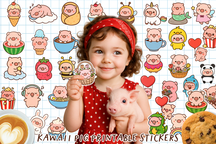 Kawaii Pig Stickers | Cute Cartoon Pigs PNG & Cricut Sheet.