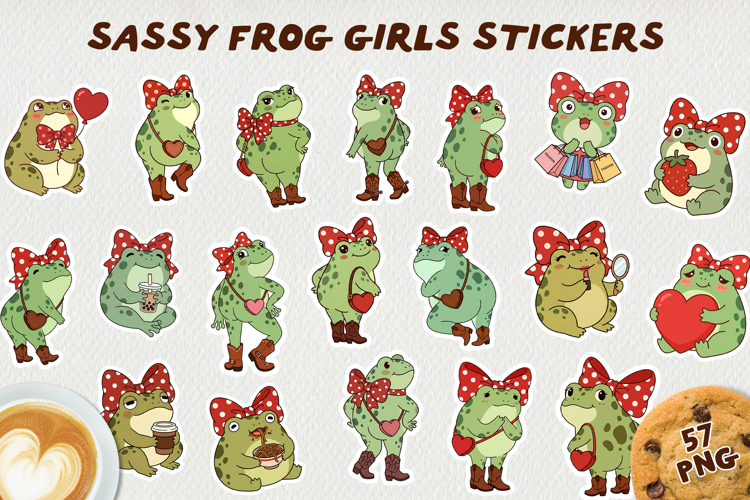 Sassy Frog Girls Stickers PNG Cute Kawaii Frog BUNDLE