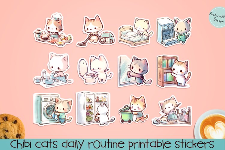 Daily Routine Chibi Chibi cats Daily routine BUNDLE stickers. PNG.