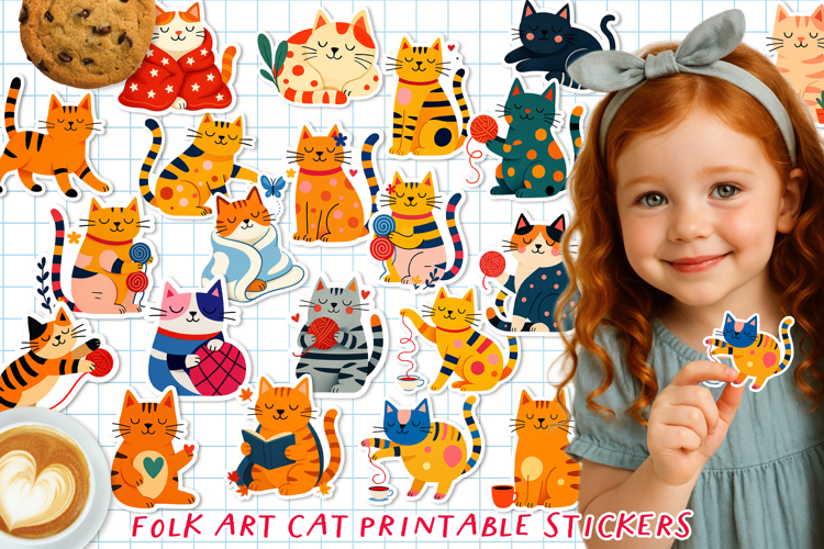 Cute & Funny Folk Art Cat Printable Stickers, PNG