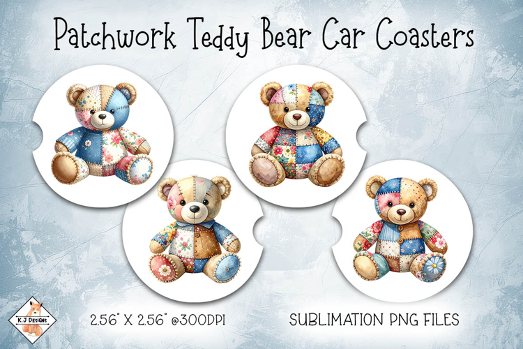 Patchwork Teddy Bear Car Coasters | Sublimation Designs