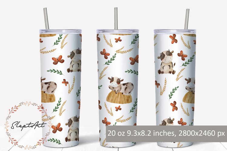 Watercolor baby cow 20 oz skinny tumbler design PNG example image 1