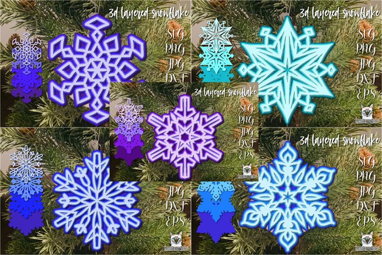 3D Snowflake Christmas ornaments, premium layered cut files example image 1