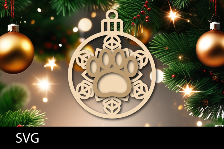 Christmas Ornaments SVG, pet paw snowflake ornament svg.