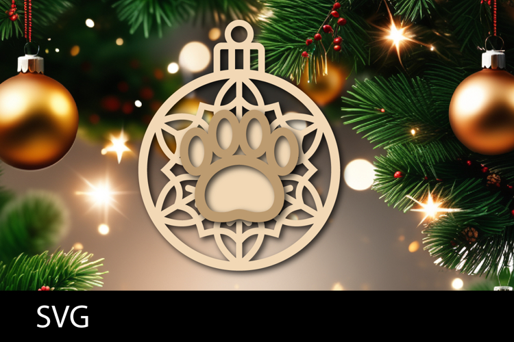Christmas Ornaments SVG, pet paw snowflake ornament svg.