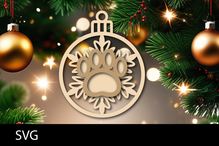 Christmas Ornaments SVG, pet paw snowflake ornament svg.