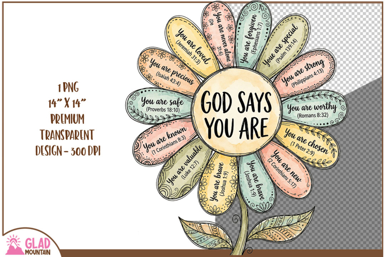 God says you are loved, strong, chosen, precious pastel png