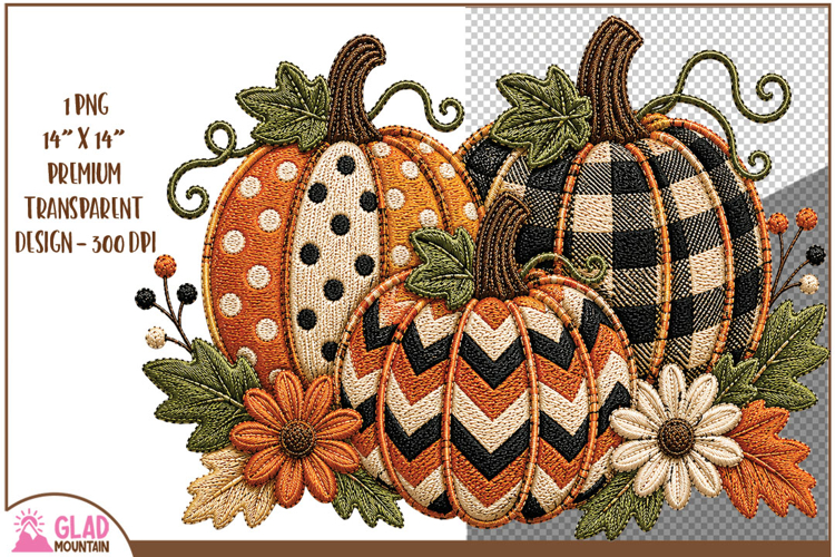 Fall faux embroidery floral pumpkins, plaid Autumn pumpkins