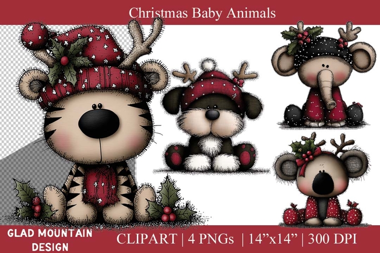 Christmas Baby Animals: Tiger, Puppy, Elephant, Koala pngs