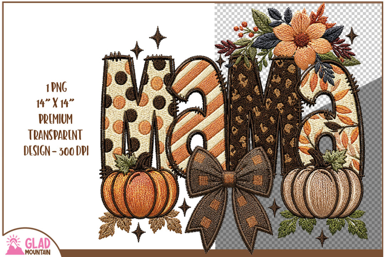 Boho Autumn faux embroidery Mama png, Mama Pumpkin design