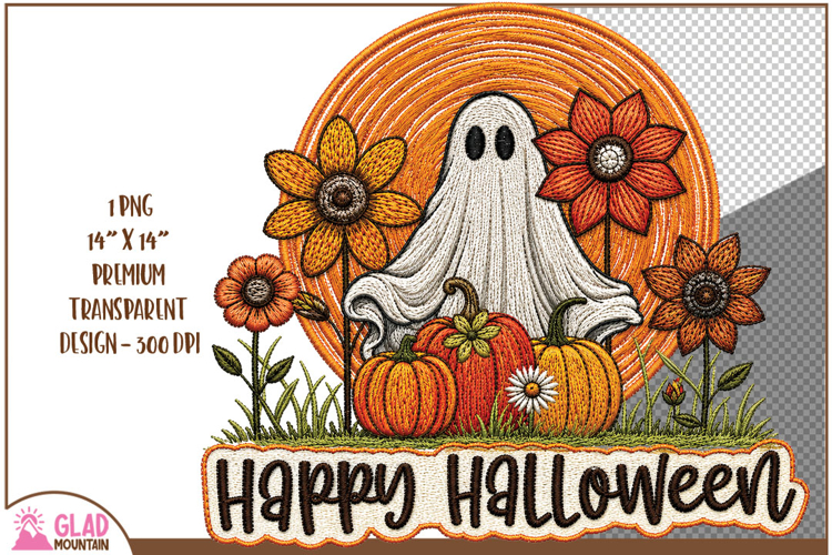 Faux embroidery Happy Halloween flower ghost sublimation png