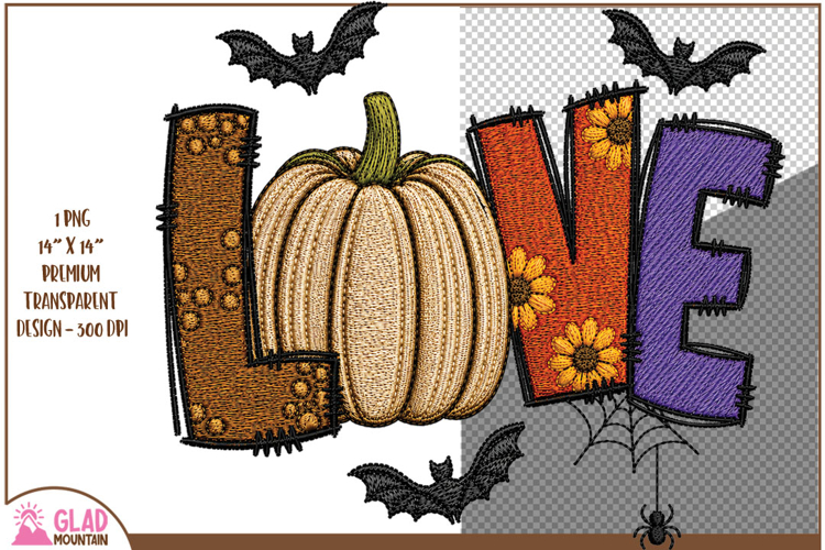 Faux Embroidery Halloween LOVE Pumpkin and Bats Design