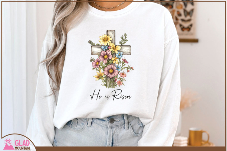 He is Risen watercolor floral cross, Easter He is Risen png