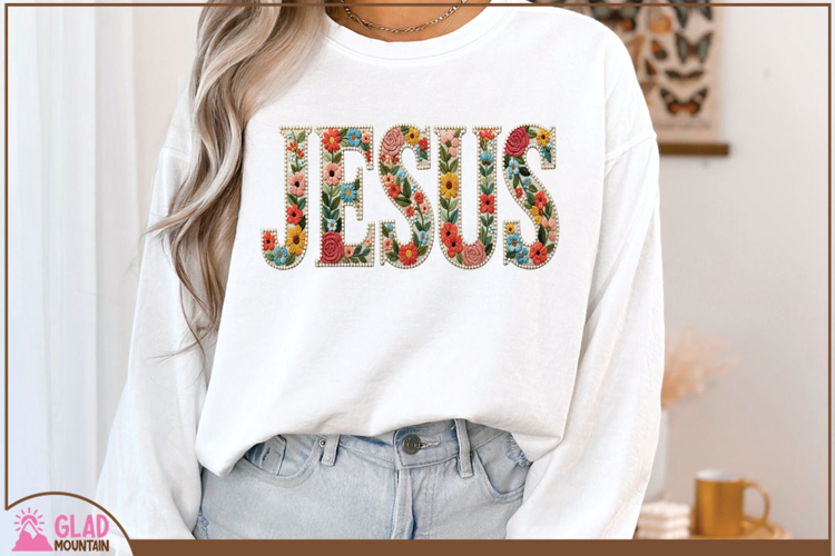 Jesus floral faux knit crochet embroidery lined in pearls