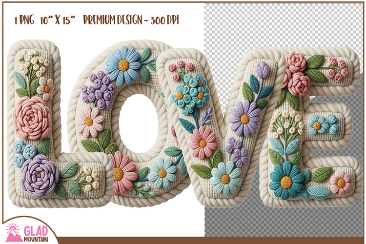 Love faux knit yarn, love faux embroidery spring floral png