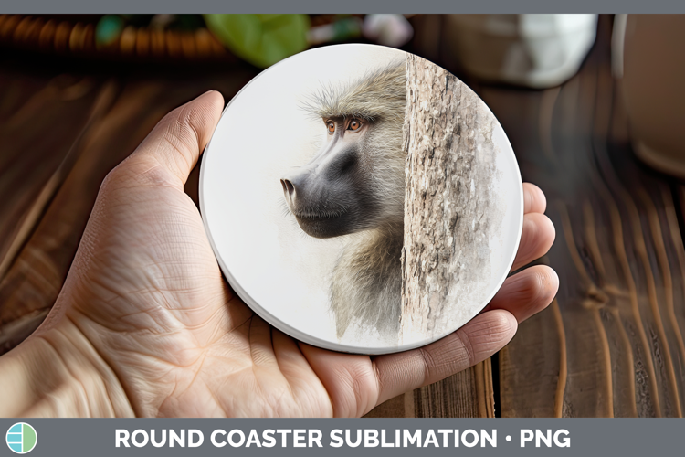 Baboon Primate Tree Peek-A-Boo Round Coaster Sublimation Des
