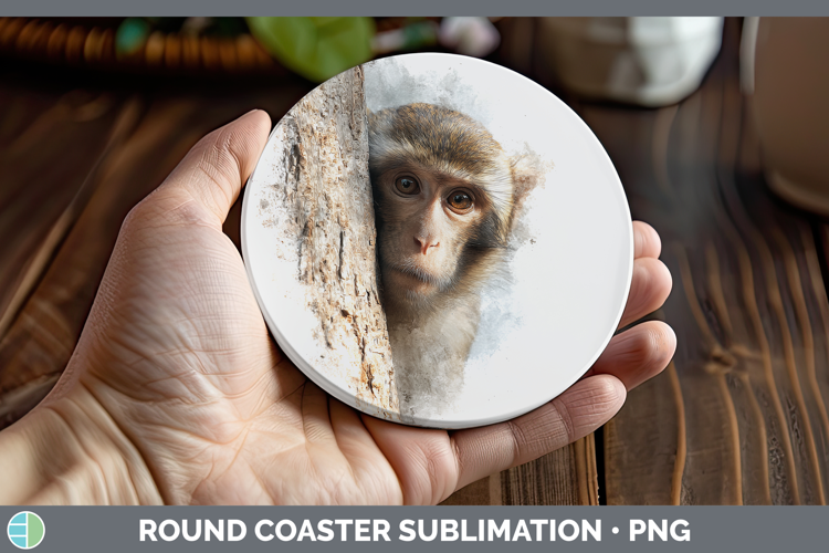 Rhesus Macaque Primate Tree Peek-A-Boo Round Coaster Sublima