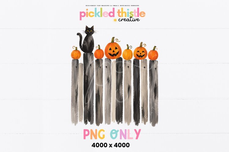 Vintage-inspired Halloween PNG featuring a black cat with pointed ears and yellow eyes, surrounded by orange pumpkins in a charming country folk art style.