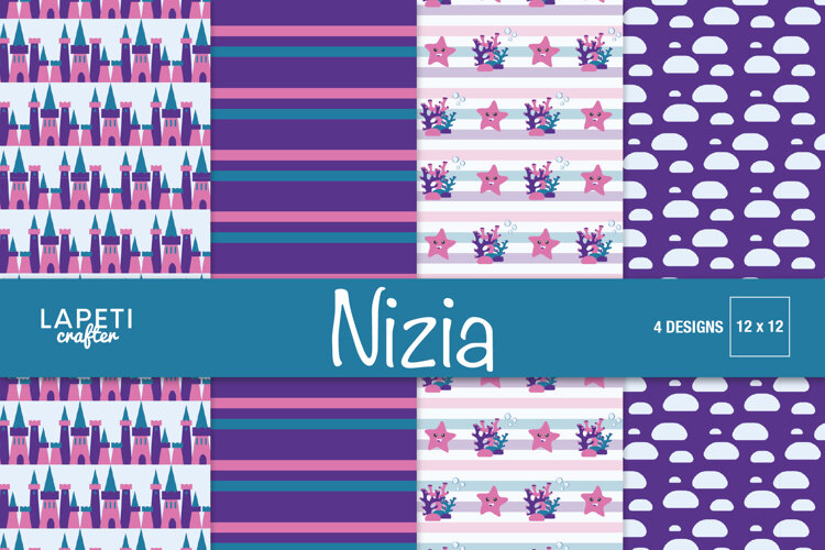 Coordinating fantasy digital paper collection with princess castle, ocean and geometric patterns in pink, purple and blue