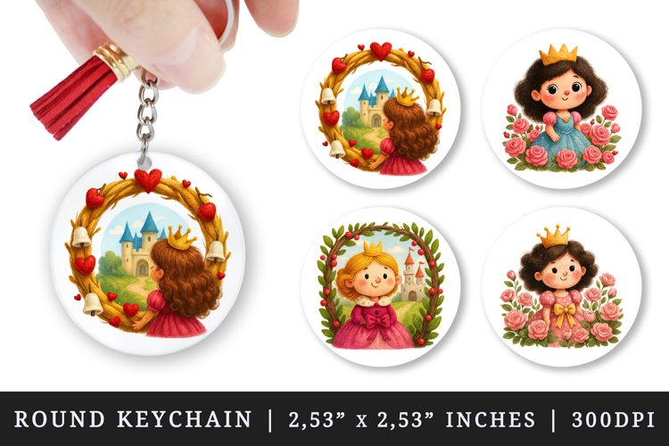 Princess round keychain pintable sublimation design png
