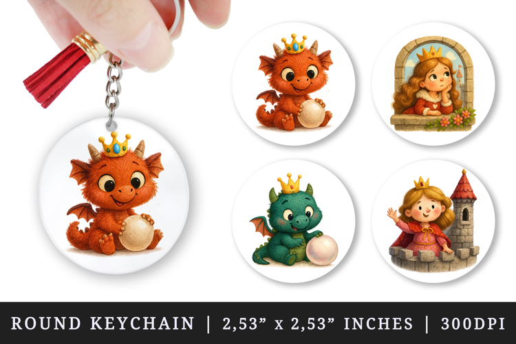 Princess round keychain pintable sublimation design png