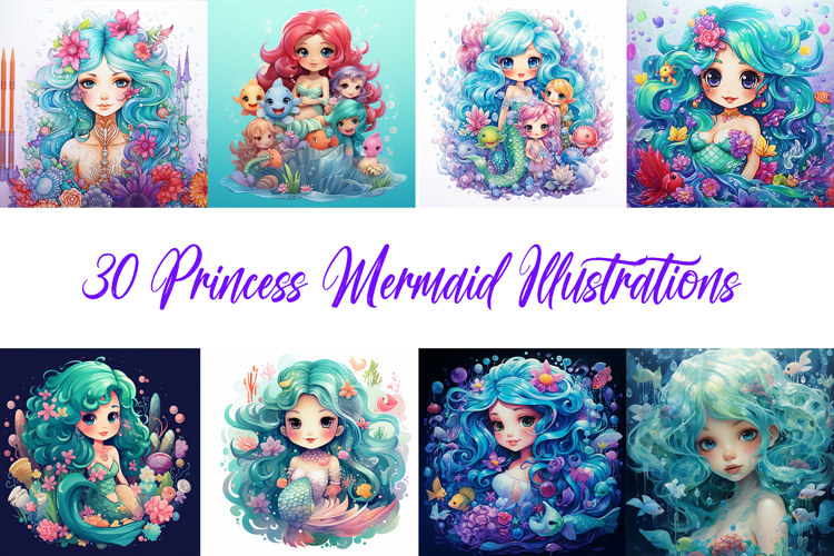 30 Mermaid Princess Girl Clipart Illustrations JPG
