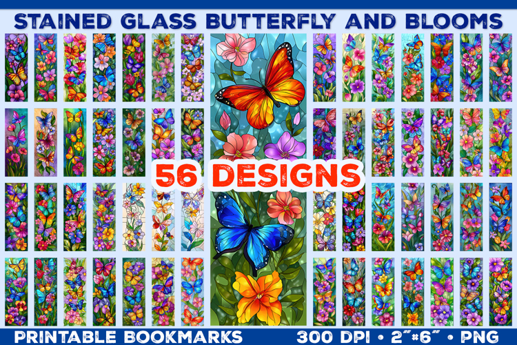Stained Glass Butterfly and Blooms Printable Bookmarks