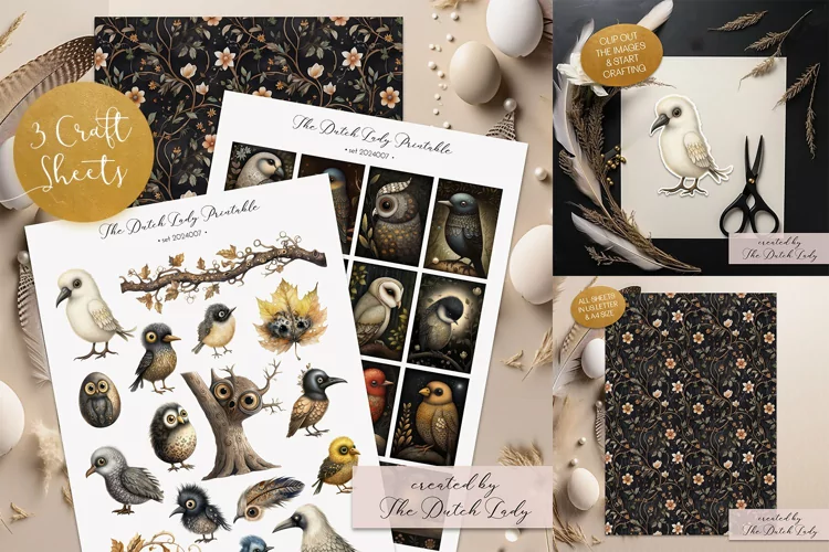 Dark Garden Birds Craft Sheets - 3 Printable JPEG Files