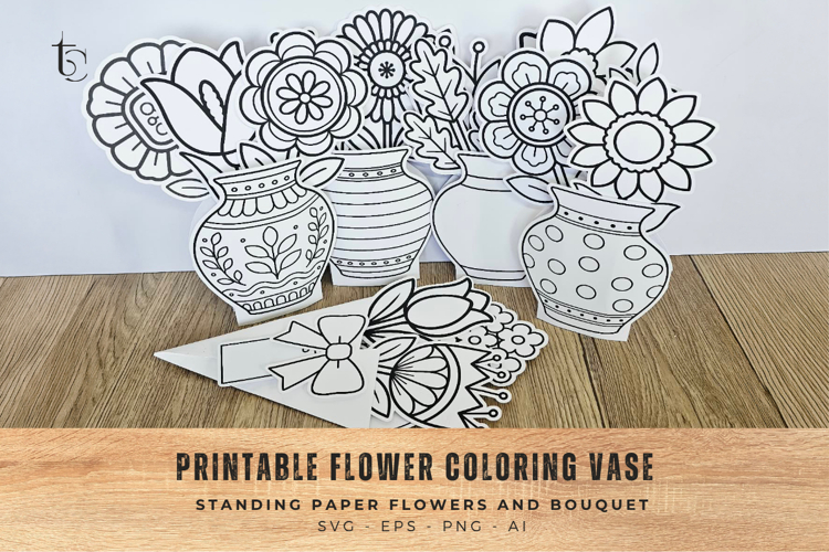 Printable Flower Coloring Vase, Standing Paper Bouquet Craft