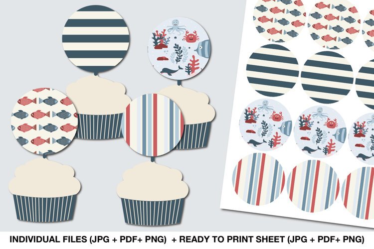 Printable nautical cupcake toppers with fish, stripes and underwater sea life designs