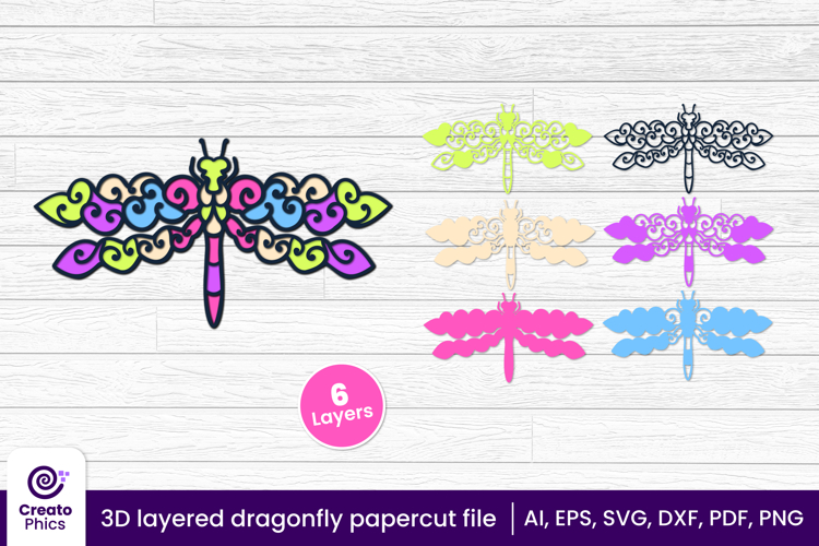 3D layered dragonfly papercut SVG | insect cutting template