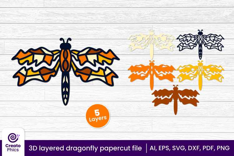 3D layered dragonfly papercut SVG | insect cutting template