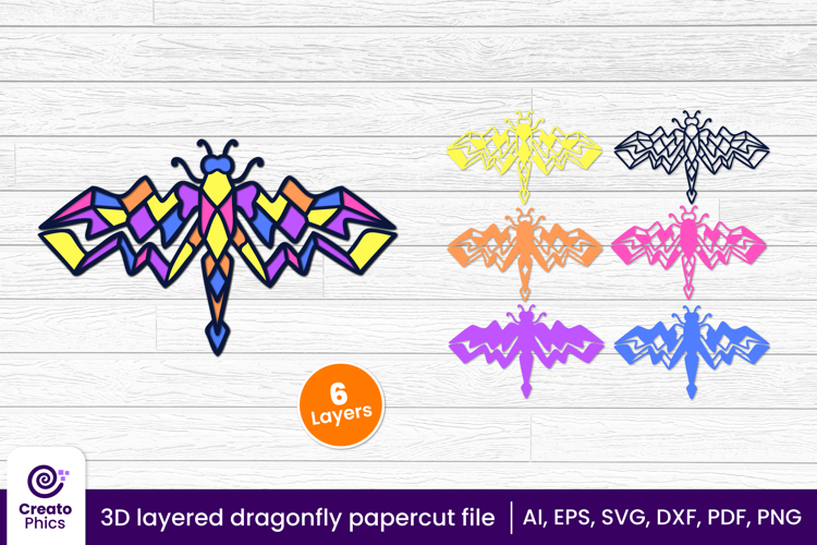 3D layered dragonfly papercut SVG | insect cutting template