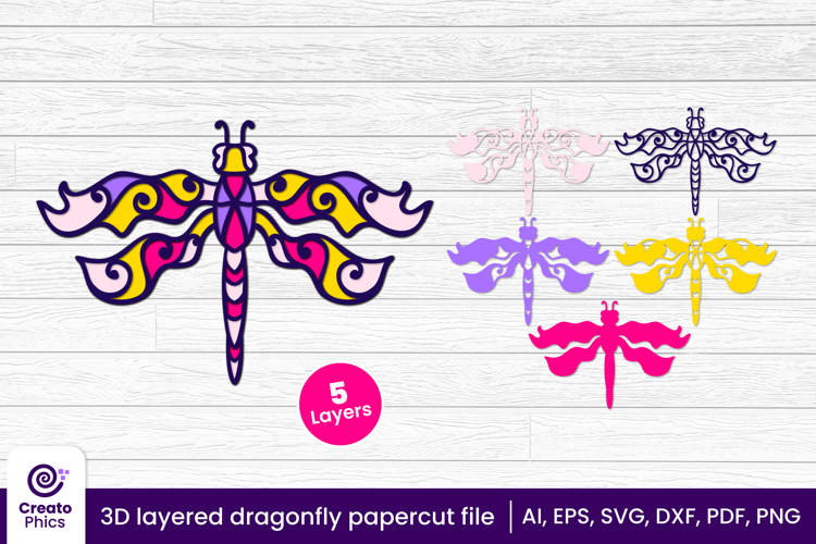 3D layered dragonfly papercut SVG | insect cutting template