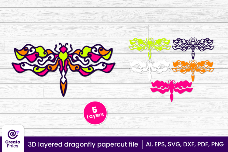 3D layered dragonfly papercut SVG | insect cutting template